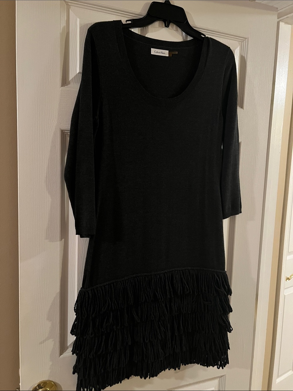 Calvin Klein Black Long-Sleeve Fringe Hem Dress